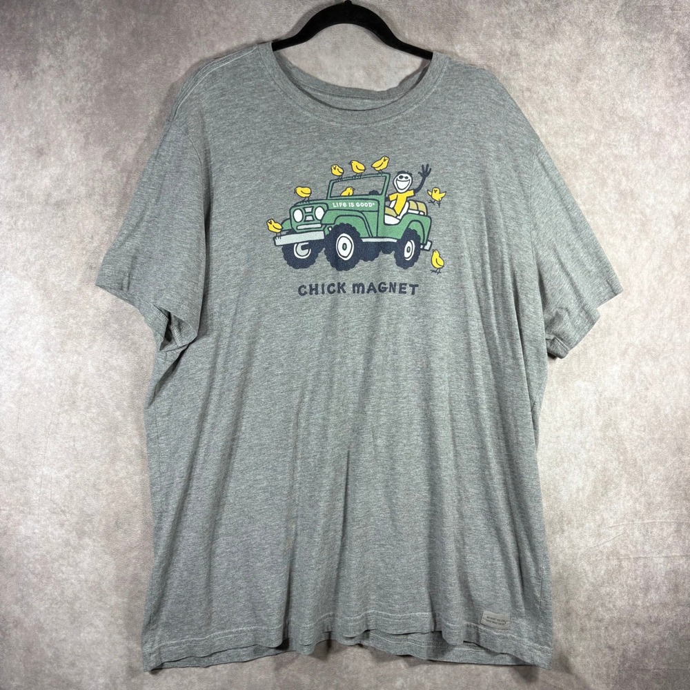 Life Is Good T-Shirt Mens Size XXL Gray Chick Magnet Crusher Jeep Graphic Tee